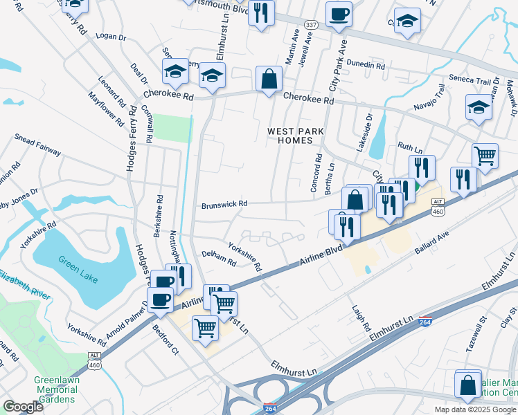 map of restaurants, bars, coffee shops, grocery stores, and more near 607 Brunswick Road in Portsmouth