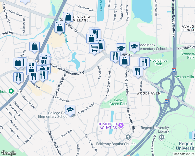 map of restaurants, bars, coffee shops, grocery stores, and more near 929 Adelphi Road in Virginia Beach