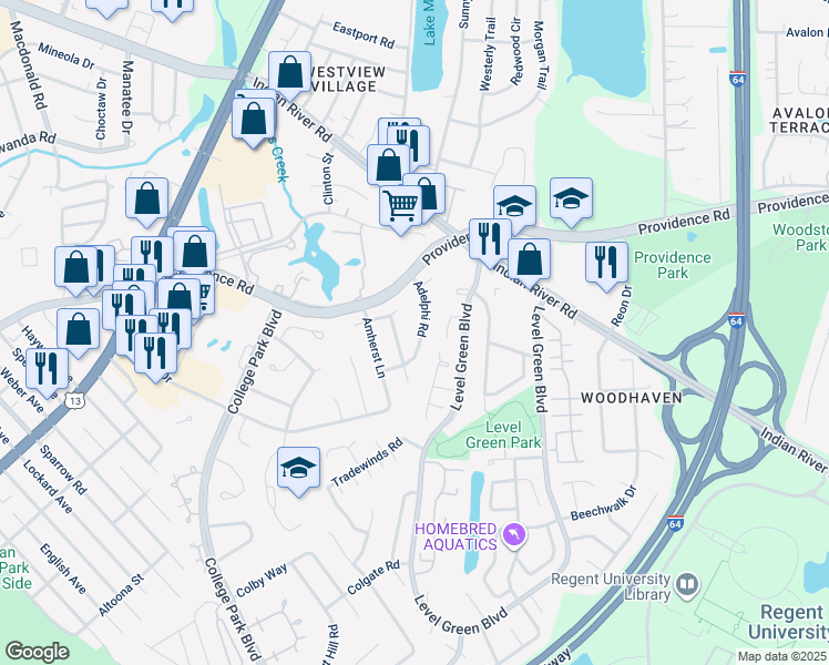 map of restaurants, bars, coffee shops, grocery stores, and more near 929 Adelphi Road in Virginia Beach