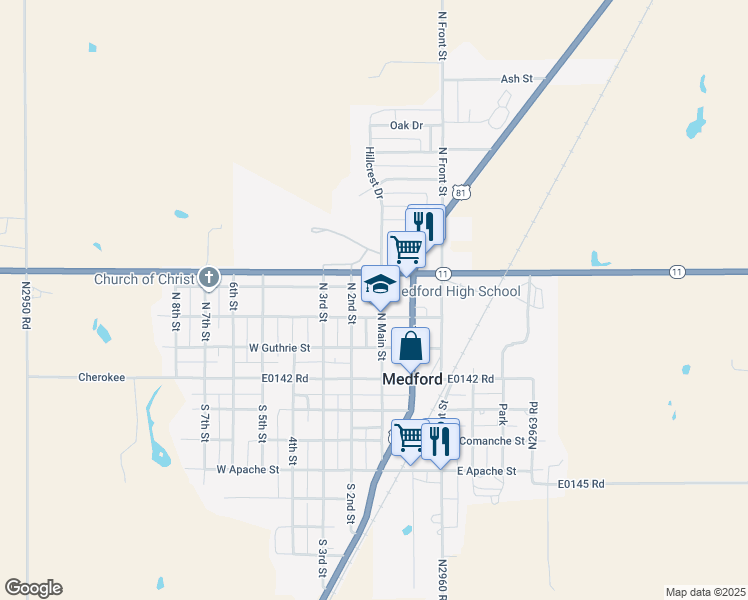 map of restaurants, bars, coffee shops, grocery stores, and more near 301 North Main Street in Medford
