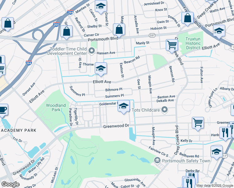 map of restaurants, bars, coffee shops, grocery stores, and more near 411 Summers Place in Portsmouth