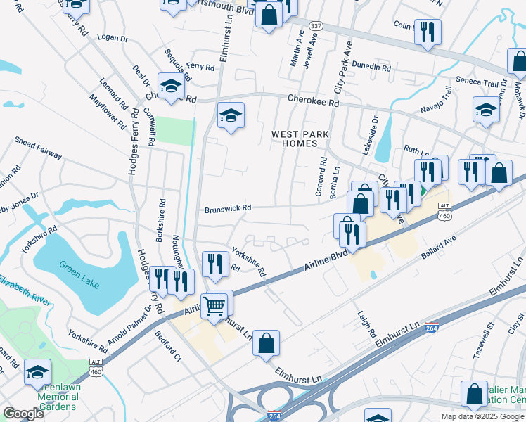 map of restaurants, bars, coffee shops, grocery stores, and more near 607 Brunswick Road in Portsmouth
