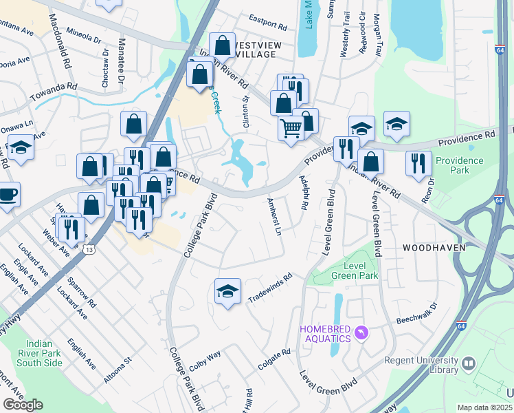 map of restaurants, bars, coffee shops, grocery stores, and more near 6208 Amherst Circle in Virginia Beach