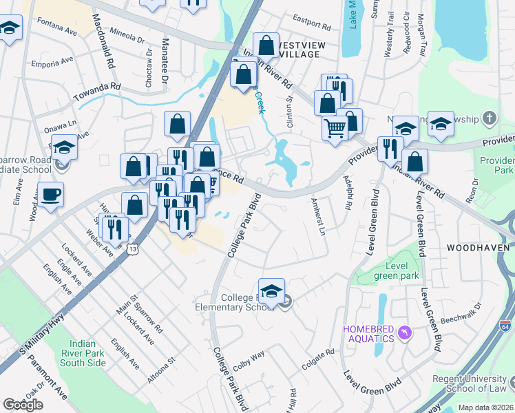 map of restaurants, bars, coffee shops, grocery stores, and more near 6336 Bradley Way in Virginia Beach