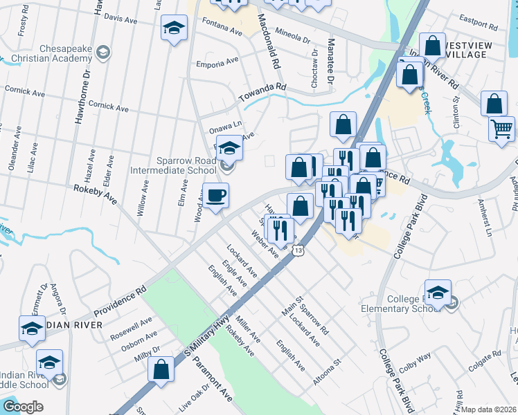 map of restaurants, bars, coffee shops, grocery stores, and more near 931 Providence Road in Chesapeake