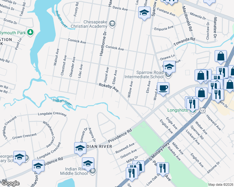 map of restaurants, bars, coffee shops, grocery stores, and more near 1508 Rokeby Avenue in Chesapeake