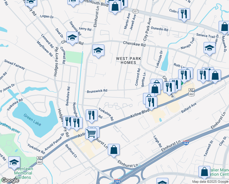 map of restaurants, bars, coffee shops, grocery stores, and more near 606 Brunswick Road in Portsmouth