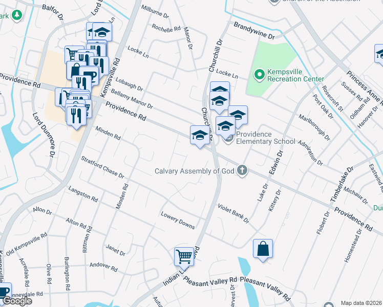 map of restaurants, bars, coffee shops, grocery stores, and more near 1112 Rollingwood Arch in Virginia Beach