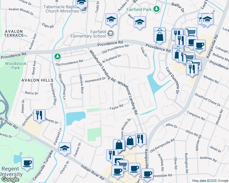 map of restaurants, bars, coffee shops, grocery stores, and more near 945 Thompson Way in Virginia Beach