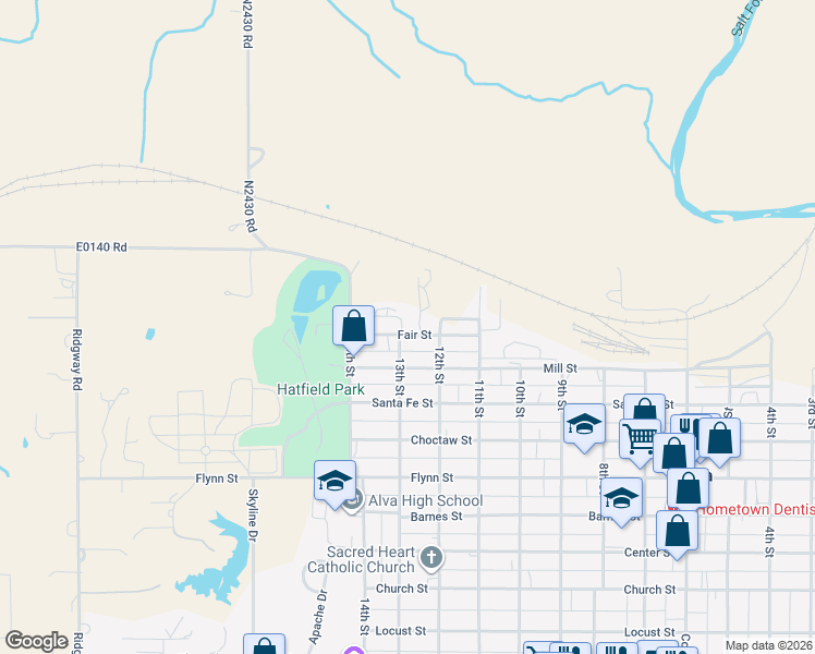 map of restaurants, bars, coffee shops, grocery stores, and more near 1206 Fair Street in Alva