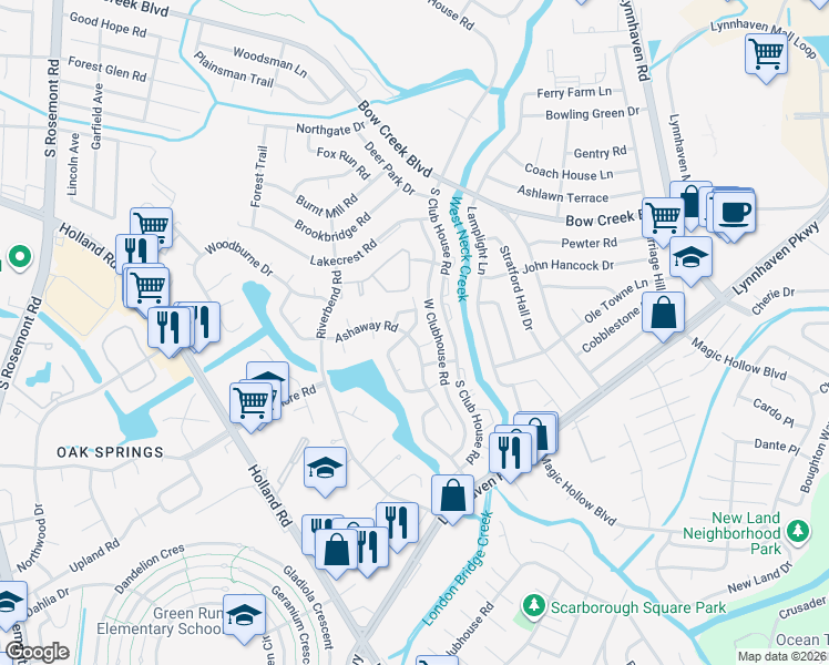 map of restaurants, bars, coffee shops, grocery stores, and more near 3209 Corrine Lane in Virginia Beach