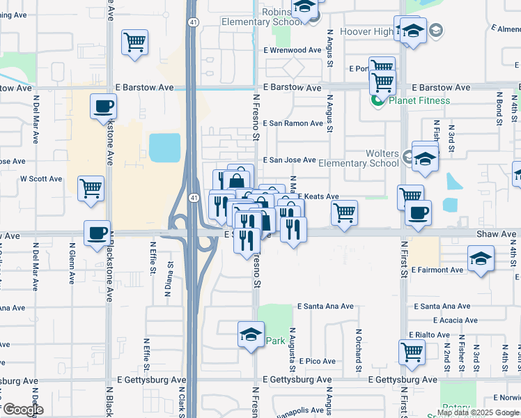 map of restaurants, bars, coffee shops, grocery stores, and more near 5088 N Fresno St in Fresno