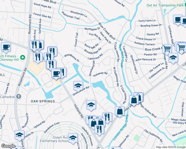 map of restaurants, bars, coffee shops, grocery stores, and more near 3224 Ashaway Road in Virginia Beach