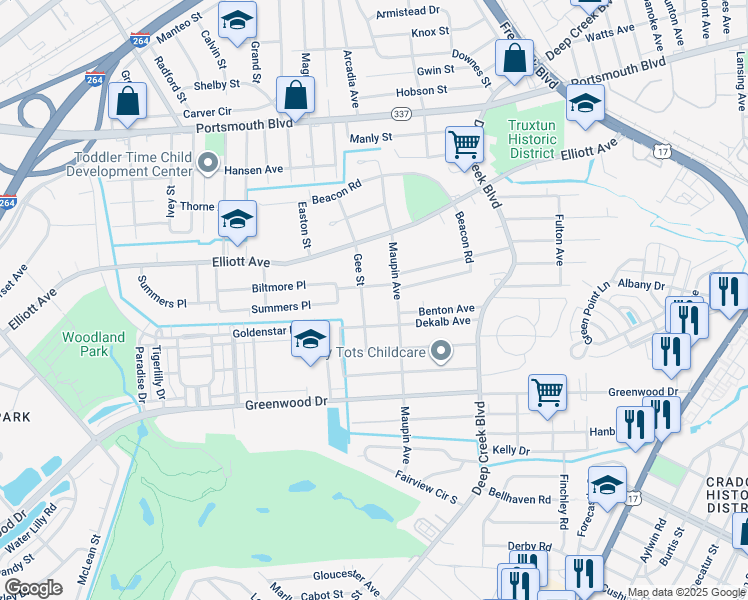 map of restaurants, bars, coffee shops, grocery stores, and more near 201 Gee Street in Portsmouth