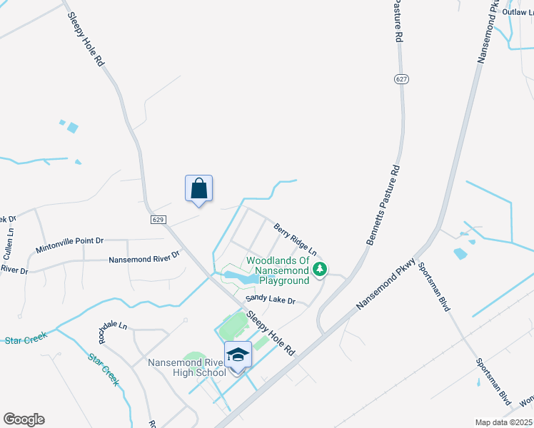 map of restaurants, bars, coffee shops, grocery stores, and more near 403 Berry Ridge Lane in Suffolk