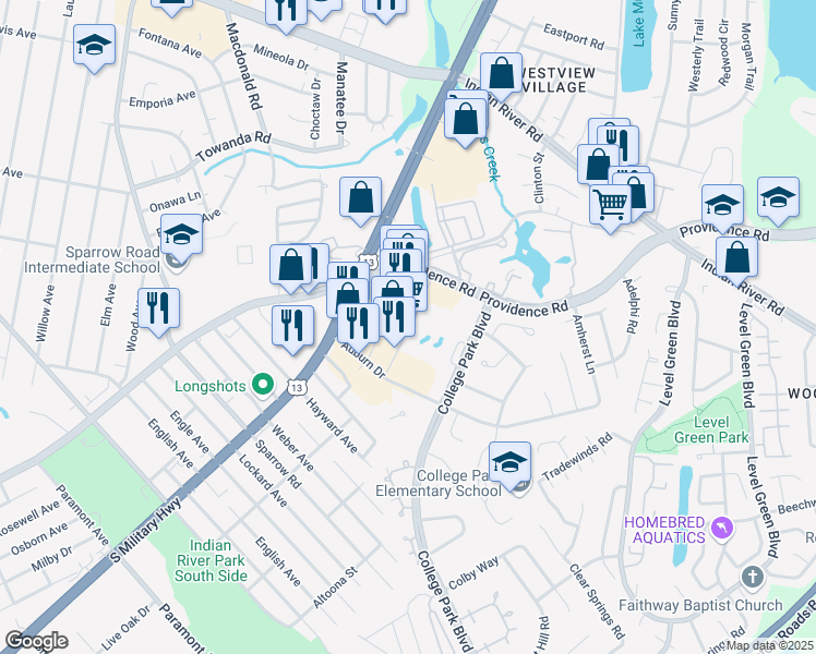 map of restaurants, bars, coffee shops, grocery stores, and more near 6527 College Park Square in Virginia Beach
