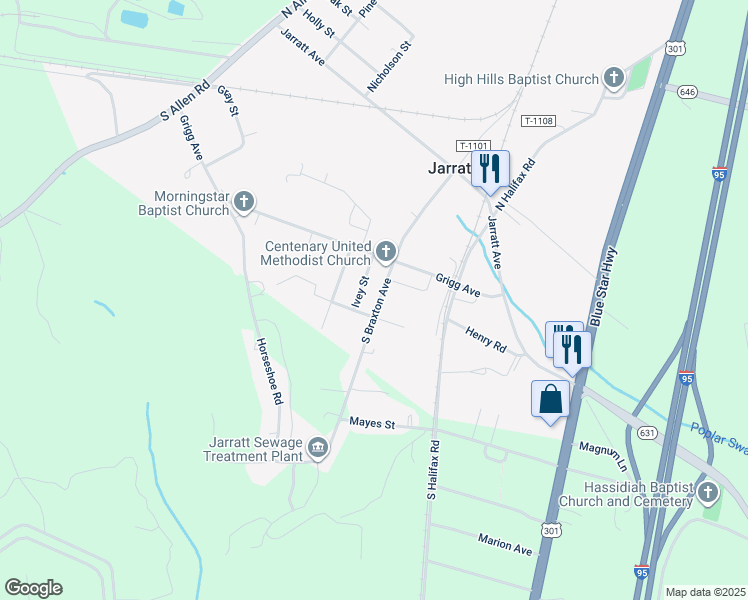 map of restaurants, bars, coffee shops, grocery stores, and more near 311 South Braxton Avenue in Jarratt