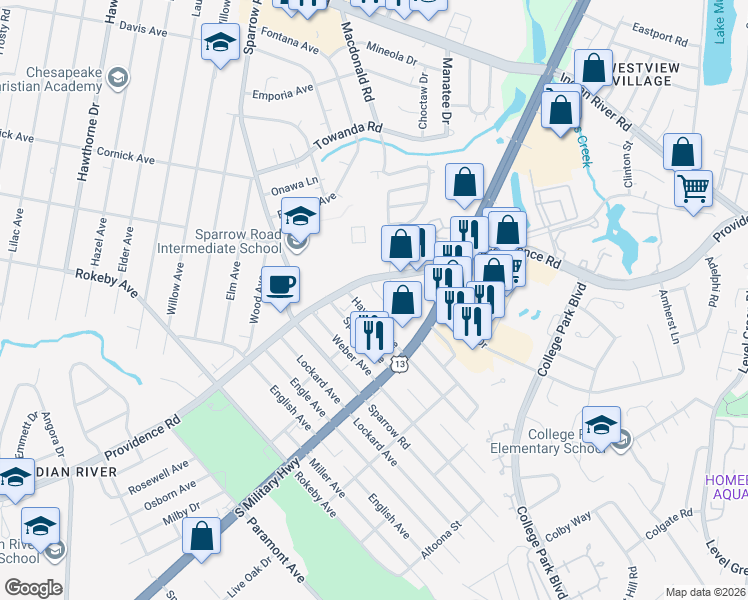 map of restaurants, bars, coffee shops, grocery stores, and more near 931 Providence Road in Chesapeake