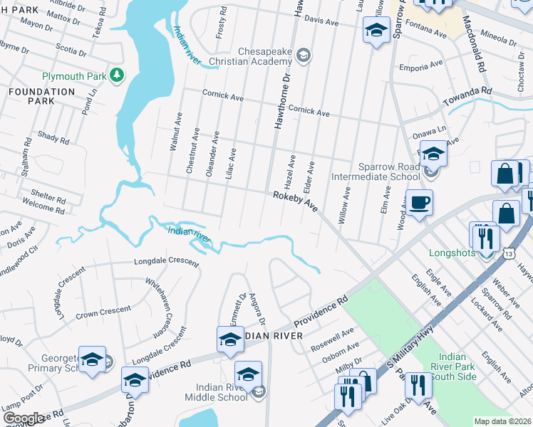 map of restaurants, bars, coffee shops, grocery stores, and more near 1607 Hazel Avenue in Chesapeake