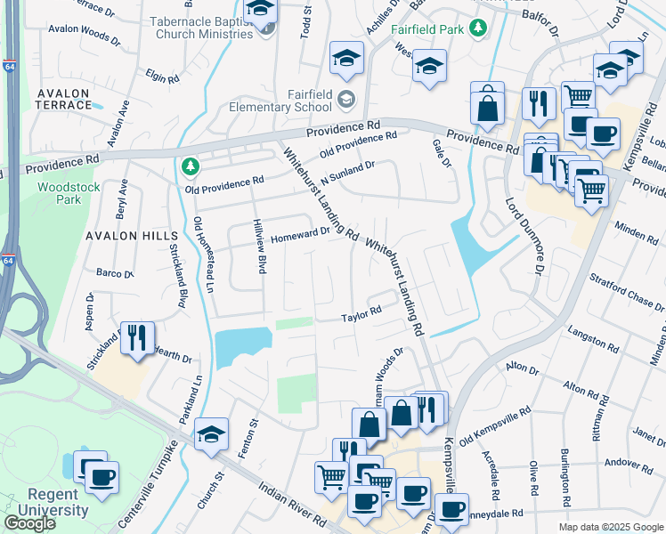 map of restaurants, bars, coffee shops, grocery stores, and more near 945 Thompson Way in Virginia Beach