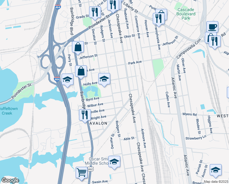 map of restaurants, bars, coffee shops, grocery stores, and more near 1547 Rodgers Street in Chesapeake