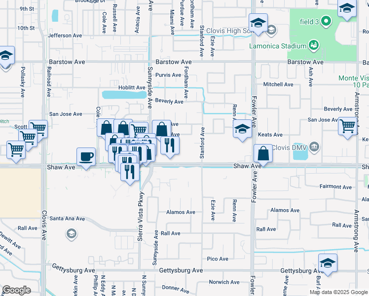 map of restaurants, bars, coffee shops, grocery stores, and more near 1543 Poe Lane in Clovis