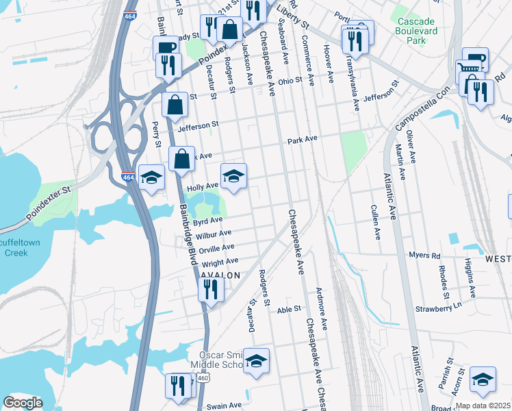 map of restaurants, bars, coffee shops, grocery stores, and more near 1547 Rodgers Street in Chesapeake