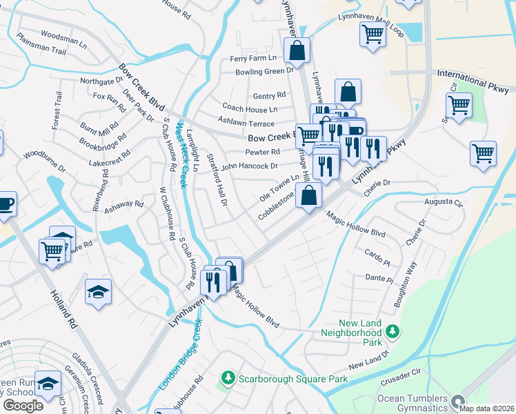 map of restaurants, bars, coffee shops, grocery stores, and more near 3053 Ole Towne Lane in Virginia Beach
