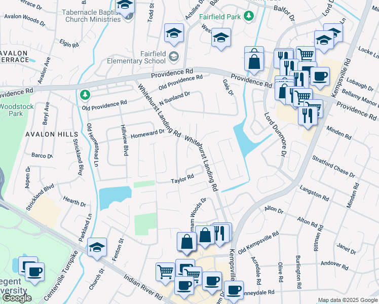 map of restaurants, bars, coffee shops, grocery stores, and more near 908 TIdemark Court in Virginia Beach
