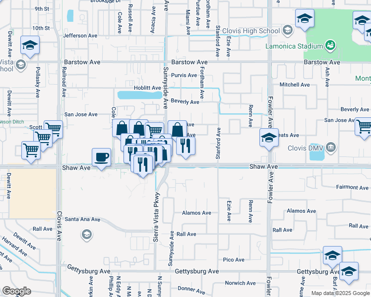map of restaurants, bars, coffee shops, grocery stores, and more near 1445 Shaw Avenue in Clovis