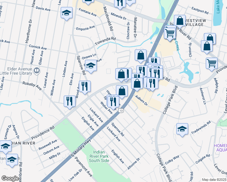 map of restaurants, bars, coffee shops, grocery stores, and more near 1723 Fisher Avenue in Chesapeake