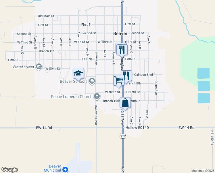 map of restaurants, bars, coffee shops, grocery stores, and more near 803 Avenue F in Beaver