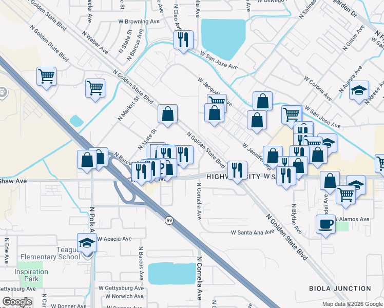 map of restaurants, bars, coffee shops, grocery stores, and more near 5077 North Cornelia Avenue in Fresno
