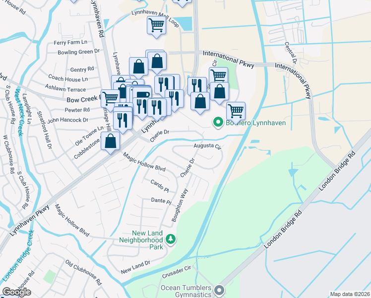 map of restaurants, bars, coffee shops, grocery stores, and more near 2952 Augusta Circle in Virginia Beach