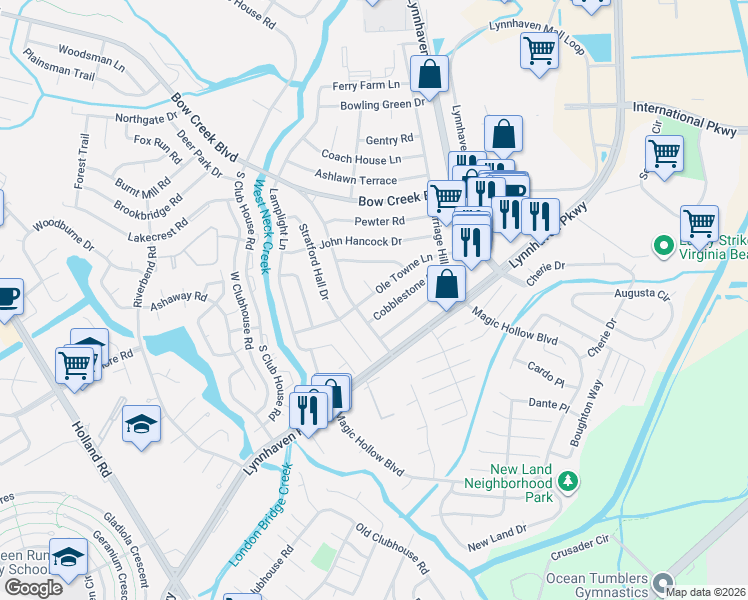 map of restaurants, bars, coffee shops, grocery stores, and more near 3053 Ole Towne Lane in Virginia Beach
