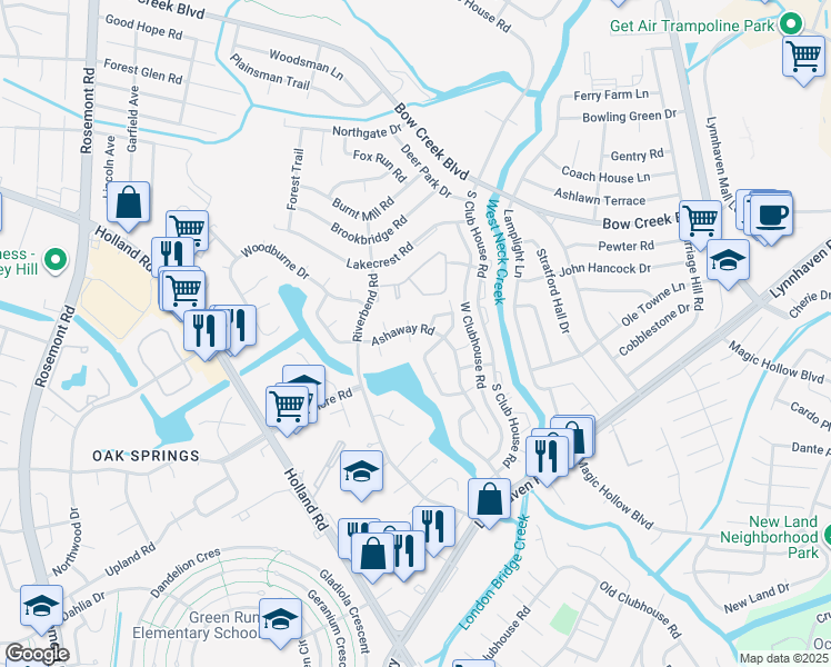 map of restaurants, bars, coffee shops, grocery stores, and more near 3204 Ashaway Road in Virginia Beach