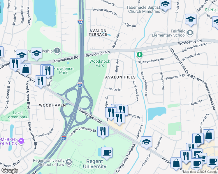 map of restaurants, bars, coffee shops, grocery stores, and more near 968 Josephine Crescent in Virginia Beach