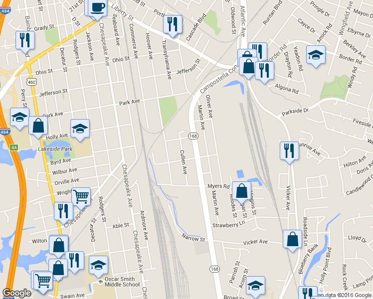 map of restaurants, bars, coffee shops, grocery stores, and more near 1503 Virginia 168 in Chesapeake