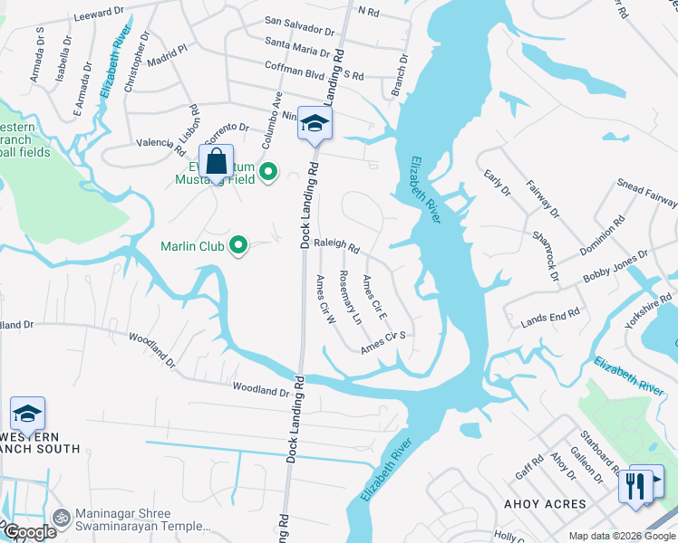 map of restaurants, bars, coffee shops, grocery stores, and more near 1920 Rosemary Lane in Chesapeake