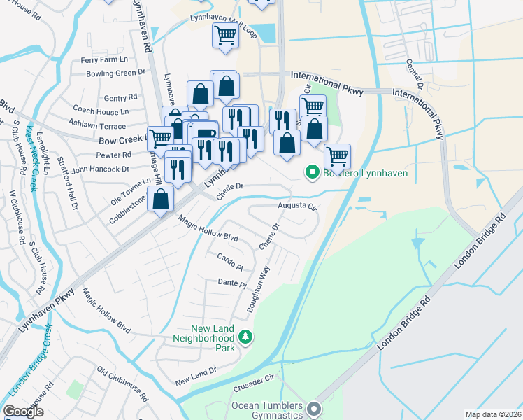 map of restaurants, bars, coffee shops, grocery stores, and more near 2948 Augusta Circle in Virginia Beach