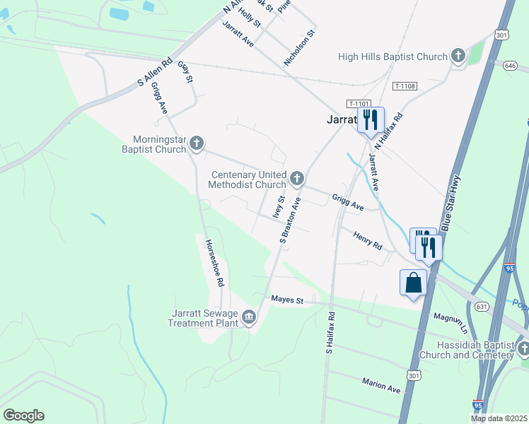 map of restaurants, bars, coffee shops, grocery stores, and more near 315 Susan Street in Jarratt