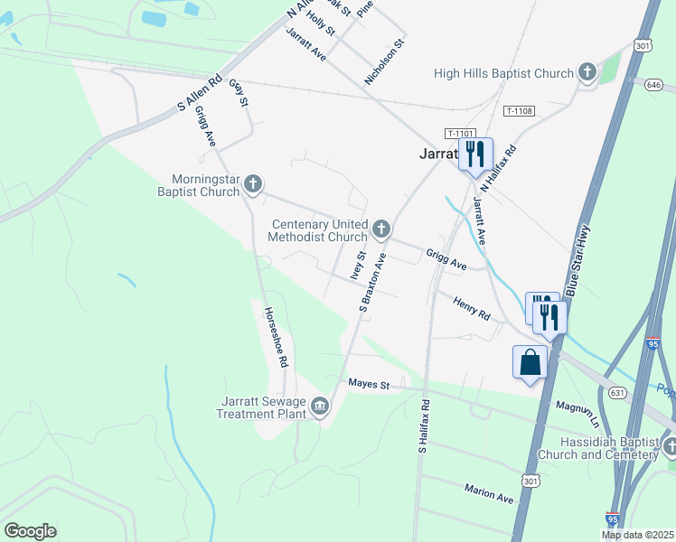 map of restaurants, bars, coffee shops, grocery stores, and more near 315 Susan Street in Jarratt