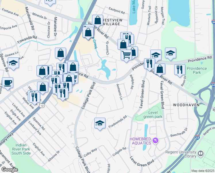 map of restaurants, bars, coffee shops, grocery stores, and more near 6208 Amherst Circle in Virginia Beach
