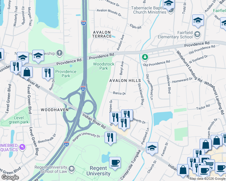 map of restaurants, bars, coffee shops, grocery stores, and more near 968 Josephine Crescent in Virginia Beach