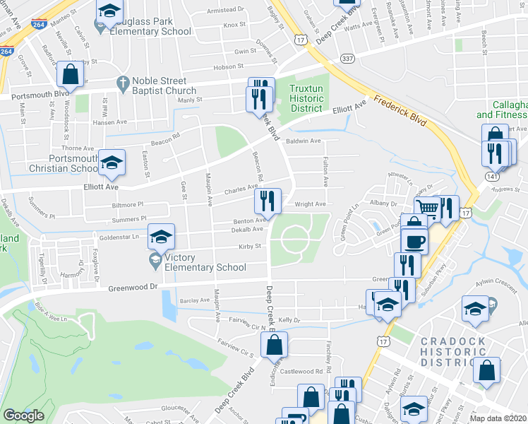 map of restaurants, bars, coffee shops, grocery stores, and more near 3732 Deep Creek Boulevard in Portsmouth