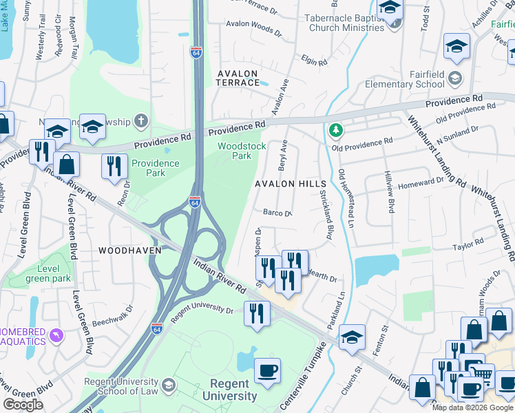 map of restaurants, bars, coffee shops, grocery stores, and more near 968 Josephine Crescent in Virginia Beach