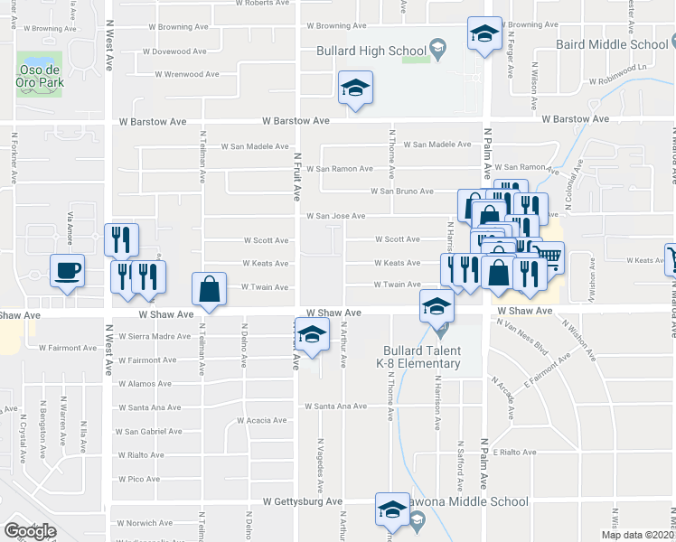 map of restaurants, bars, coffee shops, grocery stores, and more near 5090 North Fruit Avenue in Fresno