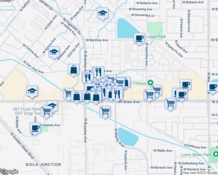 map of restaurants, bars, coffee shops, grocery stores, and more near 3632 West Shaw Avenue in Fresno