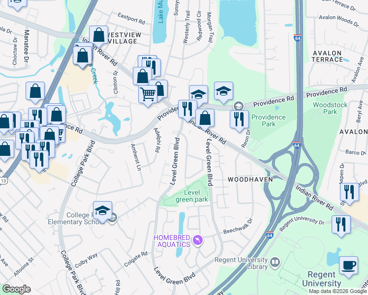 map of restaurants, bars, coffee shops, grocery stores, and more near 1011 Commonwealth Place in Virginia Beach