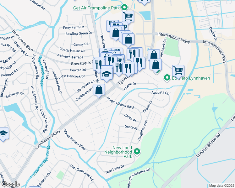map of restaurants, bars, coffee shops, grocery stores, and more near 2908 Peppercorn Court in Virginia Beach